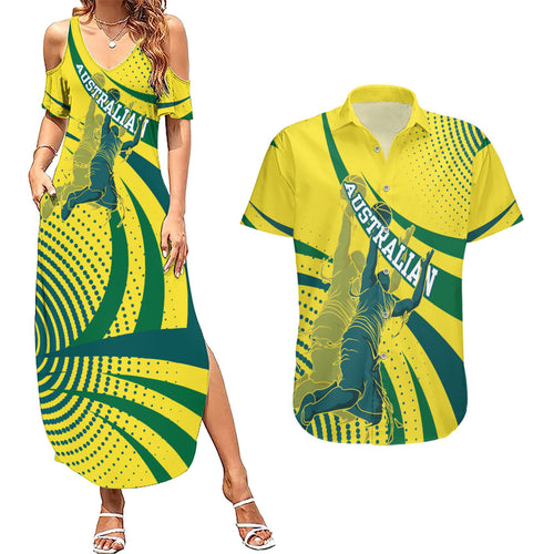Australian Boomers Basketball Couples Matching Summer Maxi Dress and Hawaiian Shirt Abstract Wave Halftone Pattern With Dynamic Athlete Silhouette