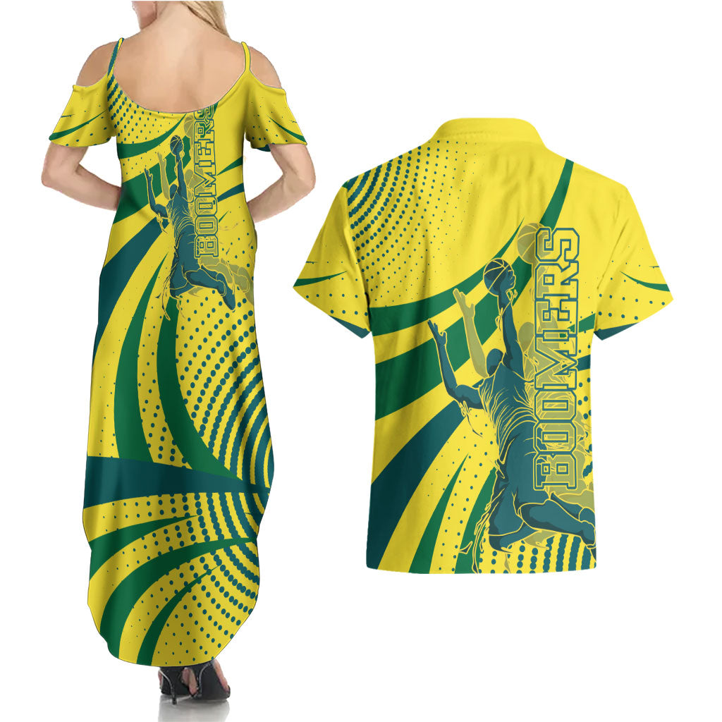 Australian Boomers Basketball Couples Matching Summer Maxi Dress and Hawaiian Shirt Abstract Wave Halftone Pattern With Dynamic Athlete Silhouette