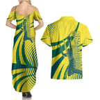 Australian Boomers Basketball Couples Matching Summer Maxi Dress and Hawaiian Shirt Abstract Wave Halftone Pattern With Dynamic Athlete Silhouette
