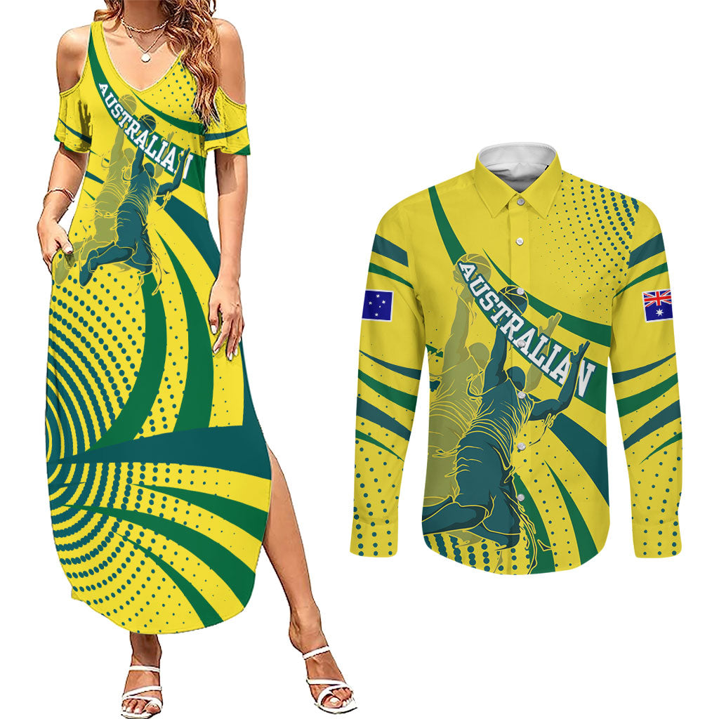 Australian Boomers Basketball Couples Matching Summer Maxi Dress and Long Sleeve Button Shirt Abstract Wave Halftone Pattern With Dynamic Athlete Silhouette
