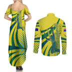 Australian Boomers Basketball Couples Matching Summer Maxi Dress and Long Sleeve Button Shirt Abstract Wave Halftone Pattern With Dynamic Athlete Silhouette