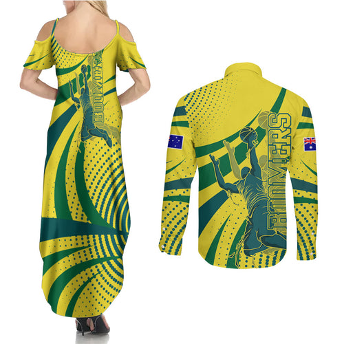 Australian Boomers Basketball Couples Matching Summer Maxi Dress and Long Sleeve Button Shirt Abstract Wave Halftone Pattern With Dynamic Athlete Silhouette
