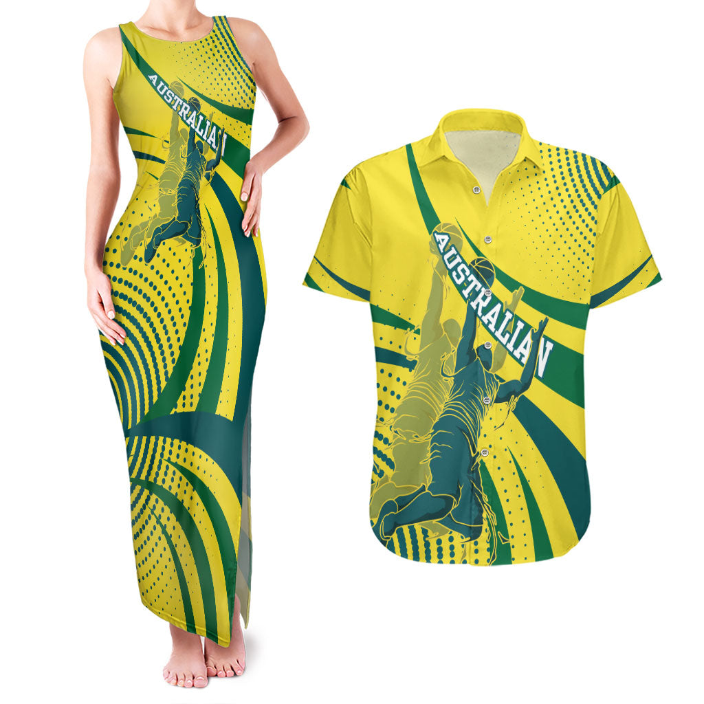 Australian Boomers Basketball Couples Matching Tank Maxi Dress and Hawaiian Shirt Abstract Wave Halftone Pattern With Dynamic Athlete Silhouette