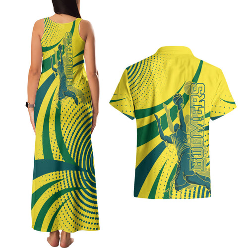Australian Boomers Basketball Couples Matching Tank Maxi Dress and Hawaiian Shirt Abstract Wave Halftone Pattern With Dynamic Athlete Silhouette