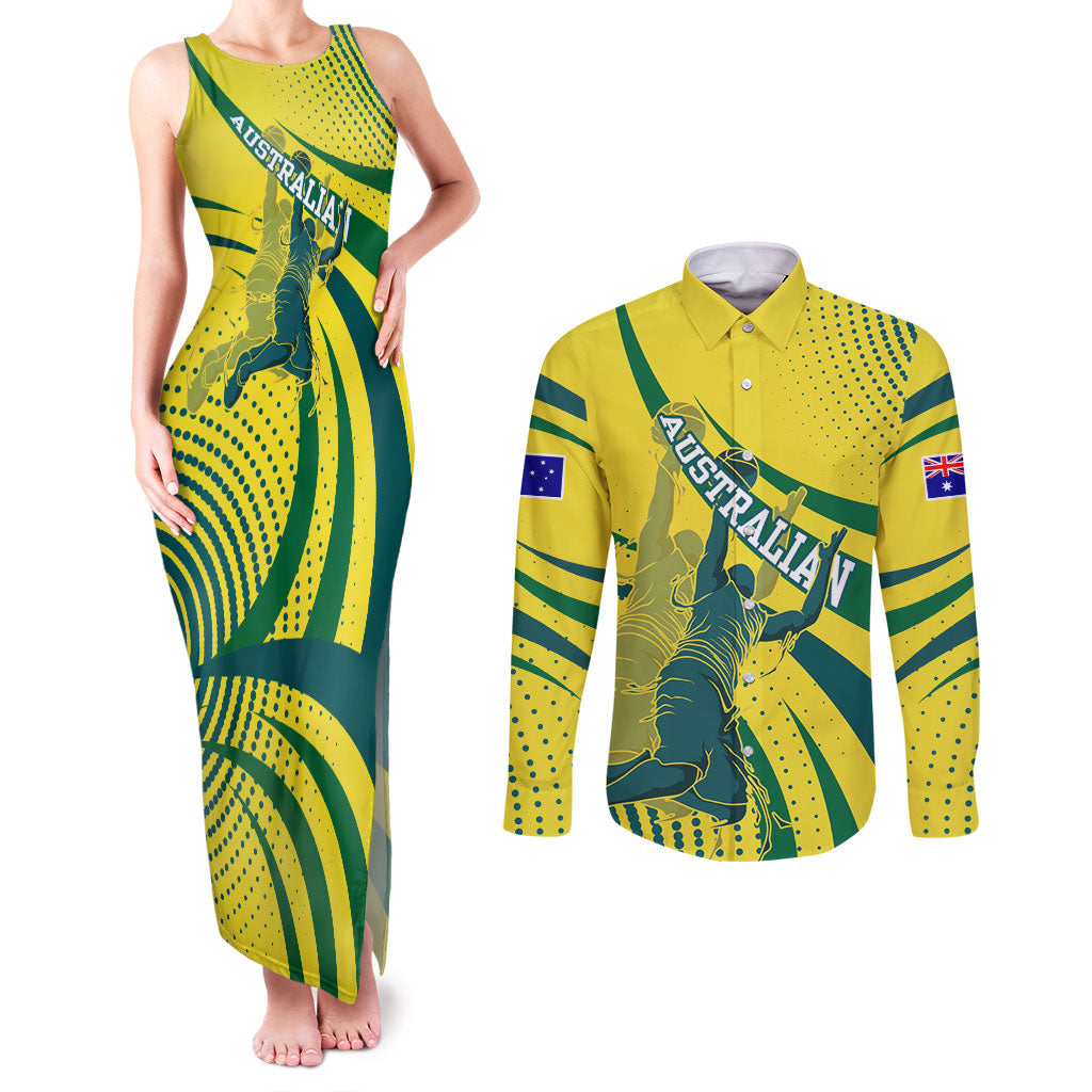 Australian Boomers Basketball Couples Matching Tank Maxi Dress and Long Sleeve Button Shirt Abstract Wave Halftone Pattern With Dynamic Athlete Silhouette