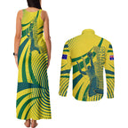 Australian Boomers Basketball Couples Matching Tank Maxi Dress and Long Sleeve Button Shirt Abstract Wave Halftone Pattern With Dynamic Athlete Silhouette