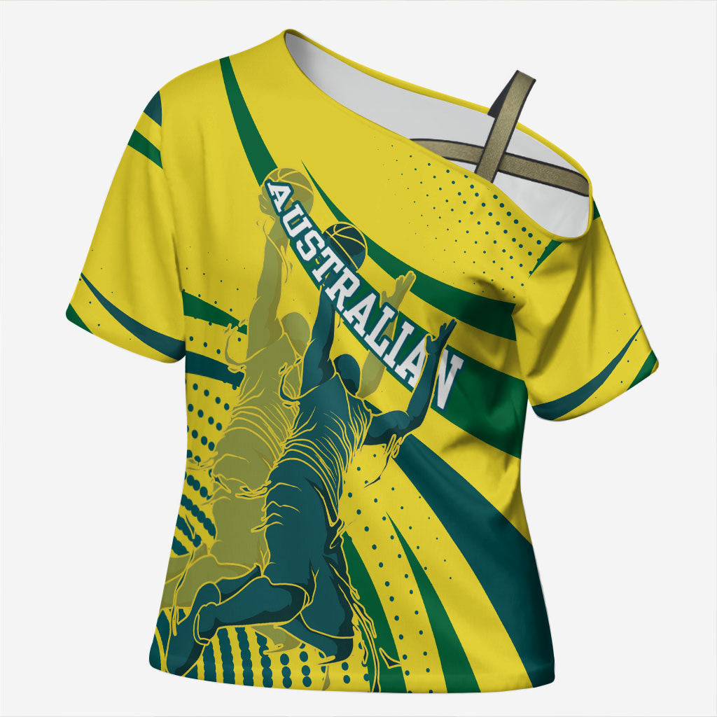 Australian Boomers Basketball Cross Shoulder Shirt Abstract Wave Halftone Pattern With Dynamic Athlete Silhouette