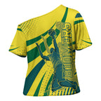 Australian Boomers Basketball Cross Shoulder Shirt Abstract Wave Halftone Pattern With Dynamic Athlete Silhouette