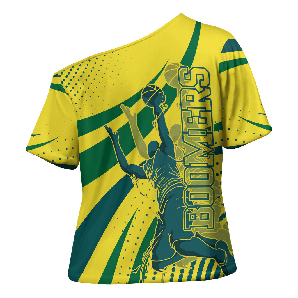 Australian Boomers Basketball Cross Shoulder Shirt Abstract Wave Halftone Pattern With Dynamic Athlete Silhouette