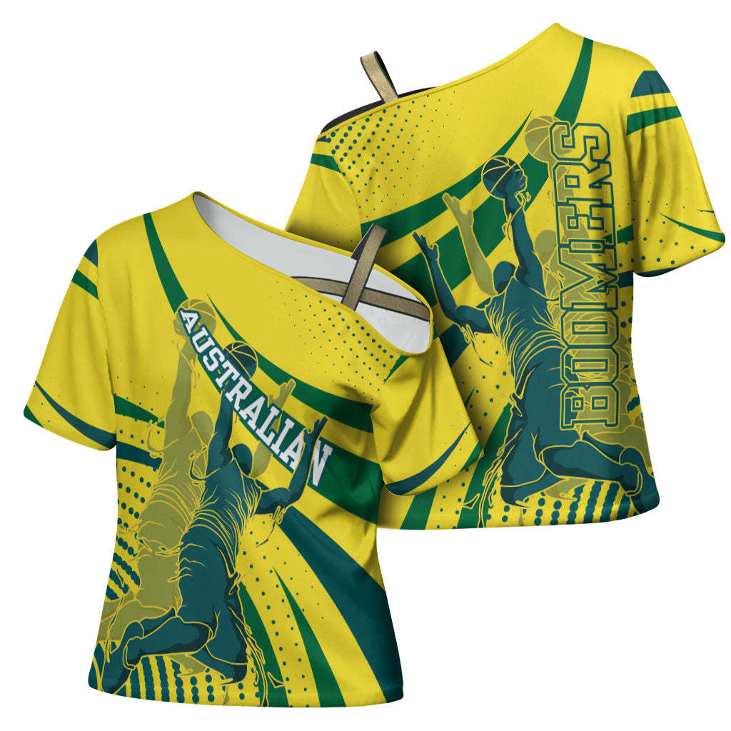 Australian Boomers Basketball Cross Shoulder Shirt Abstract Wave Halftone Pattern With Dynamic Athlete Silhouette