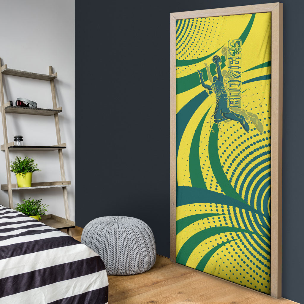 Australian Boomers Basketball Door Cover Abstract Wave Halftone Pattern With Dynamic Athlete Silhouette