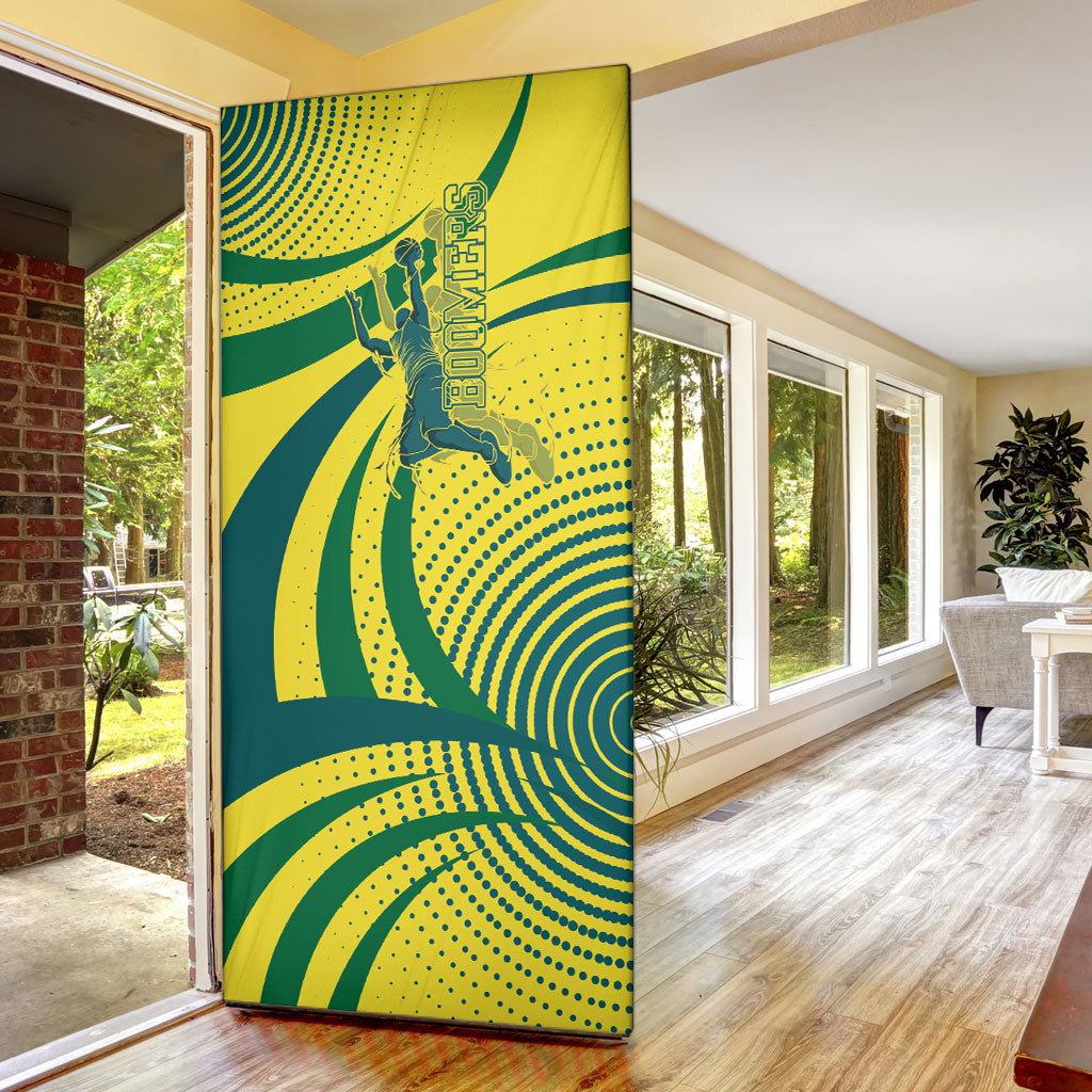 Australian Boomers Basketball Door Cover Abstract Wave Halftone Pattern With Dynamic Athlete Silhouette