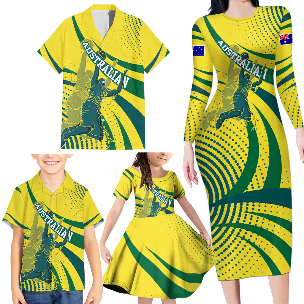 Australian Boomers Basketball Family Matching Long Sleeve Bodycon Dress and Hawaiian Shirt Abstract Wave Halftone Pattern With Dynamic Athlete Silhouette