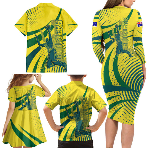 Australian Boomers Basketball Family Matching Long Sleeve Bodycon Dress and Hawaiian Shirt Abstract Wave Halftone Pattern With Dynamic Athlete Silhouette