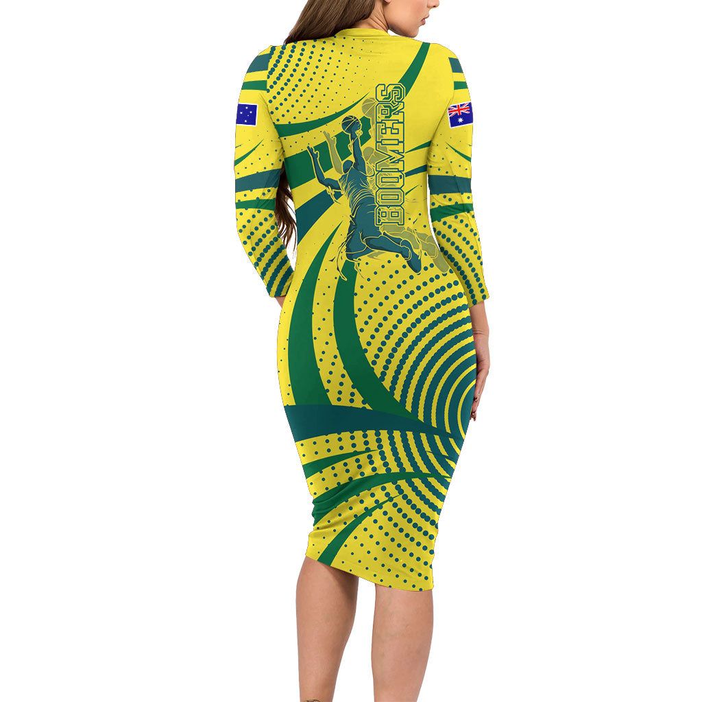 Australian Boomers Basketball Family Matching Long Sleeve Bodycon Dress and Hawaiian Shirt Abstract Wave Halftone Pattern With Dynamic Athlete Silhouette