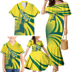 Australian Boomers Basketball Family Matching Mermaid Dress and Hawaiian Shirt Abstract Wave Halftone Pattern With Dynamic Athlete Silhouette