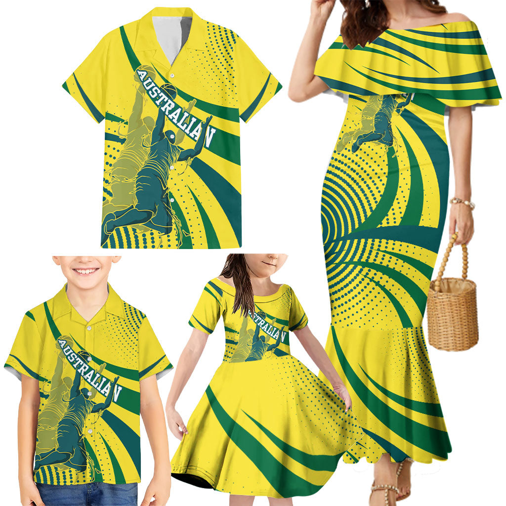 Australian Boomers Basketball Family Matching Mermaid Dress and Hawaiian Shirt Abstract Wave Halftone Pattern With Dynamic Athlete Silhouette