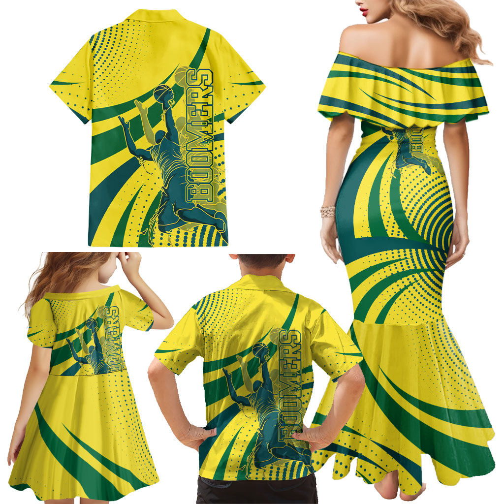 Australian Boomers Basketball Family Matching Mermaid Dress and Hawaiian Shirt Abstract Wave Halftone Pattern With Dynamic Athlete Silhouette