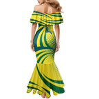 Australian Boomers Basketball Family Matching Mermaid Dress and Hawaiian Shirt Abstract Wave Halftone Pattern With Dynamic Athlete Silhouette