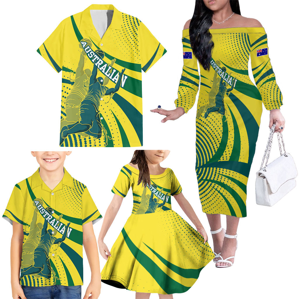 Australian Boomers Basketball Family Matching Off The Shoulder Long Sleeve Dress and Hawaiian Shirt Abstract Wave Halftone Pattern With Dynamic Athlete Silhouette