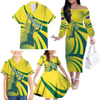 Australian Boomers Basketball Family Matching Off The Shoulder Long Sleeve Dress and Hawaiian Shirt Abstract Wave Halftone Pattern With Dynamic Athlete Silhouette