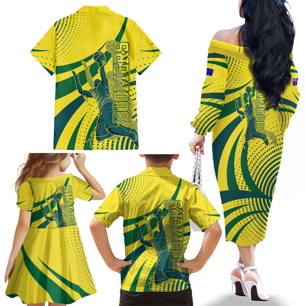 Australian Boomers Basketball Family Matching Off The Shoulder Long Sleeve Dress and Hawaiian Shirt Abstract Wave Halftone Pattern With Dynamic Athlete Silhouette