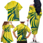 Australian Boomers Basketball Family Matching Off The Shoulder Long Sleeve Dress and Hawaiian Shirt Abstract Wave Halftone Pattern With Dynamic Athlete Silhouette