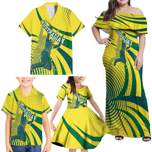 Australian Boomers Basketball Family Matching Off Shoulder Maxi Dress and Hawaiian Shirt Abstract Wave Halftone Pattern With Dynamic Athlete Silhouette