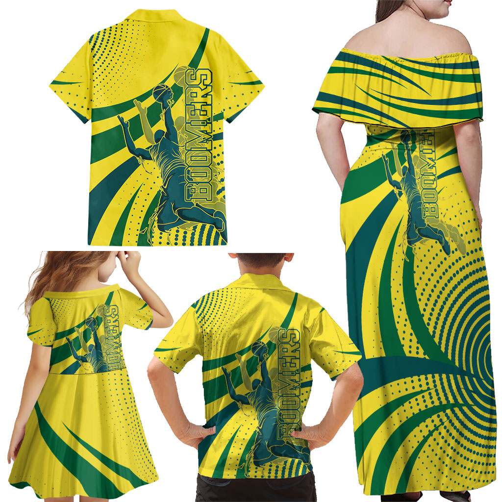 Australian Boomers Basketball Family Matching Off Shoulder Maxi Dress and Hawaiian Shirt Abstract Wave Halftone Pattern With Dynamic Athlete Silhouette