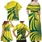 Australian Boomers Basketball Family Matching Off Shoulder Maxi Dress and Hawaiian Shirt Abstract Wave Halftone Pattern With Dynamic Athlete Silhouette