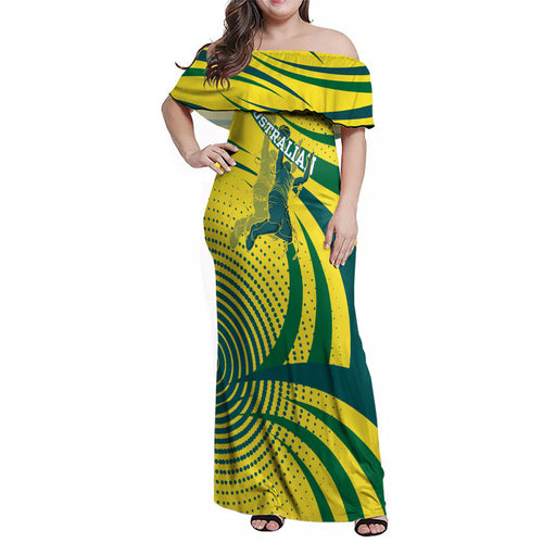Australian Boomers Basketball Family Matching Off Shoulder Maxi Dress and Hawaiian Shirt Abstract Wave Halftone Pattern With Dynamic Athlete Silhouette