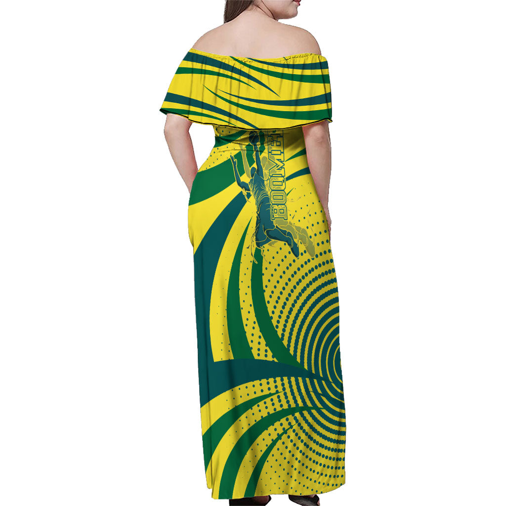 Australian Boomers Basketball Family Matching Off Shoulder Maxi Dress and Hawaiian Shirt Abstract Wave Halftone Pattern With Dynamic Athlete Silhouette