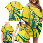 Australian Boomers Basketball Family Matching Off Shoulder Short Dress and Hawaiian Shirt Abstract Wave Halftone Pattern With Dynamic Athlete Silhouette
