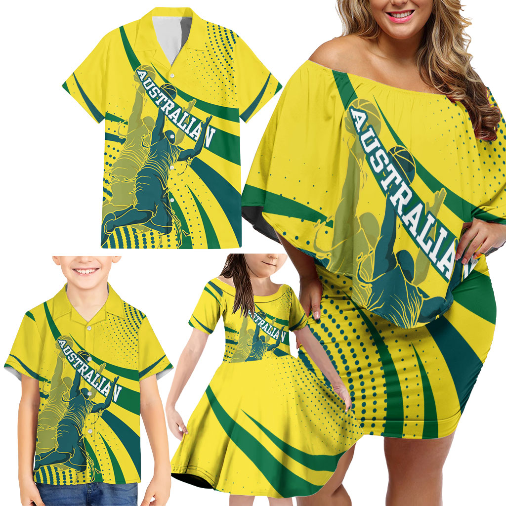 Australian Boomers Basketball Family Matching Off Shoulder Short Dress and Hawaiian Shirt Abstract Wave Halftone Pattern With Dynamic Athlete Silhouette