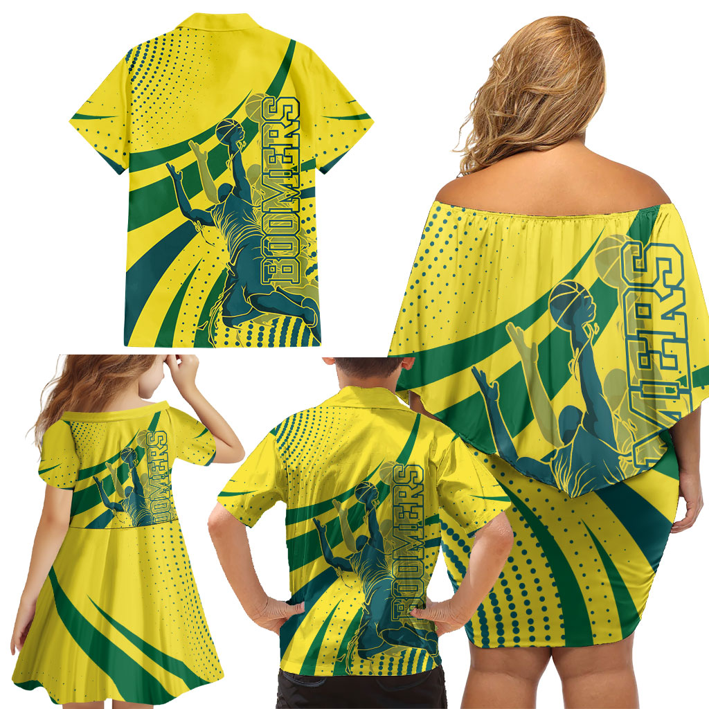 Australian Boomers Basketball Family Matching Off Shoulder Short Dress and Hawaiian Shirt Abstract Wave Halftone Pattern With Dynamic Athlete Silhouette