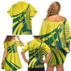 Australian Boomers Basketball Family Matching Off Shoulder Short Dress and Hawaiian Shirt Abstract Wave Halftone Pattern With Dynamic Athlete Silhouette
