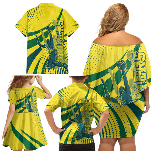 Australian Boomers Basketball Family Matching Off Shoulder Short Dress and Hawaiian Shirt Abstract Wave Halftone Pattern With Dynamic Athlete Silhouette