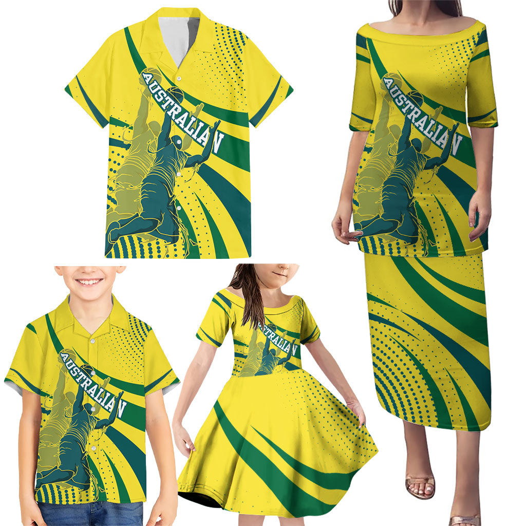 Australian Boomers Basketball Family Matching Puletasi and Hawaiian Shirt Abstract Wave Halftone Pattern With Dynamic Athlete Silhouette