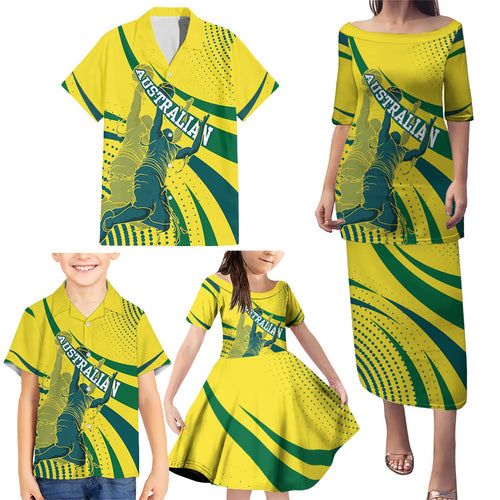 Australian Boomers Basketball Family Matching Puletasi and Hawaiian Shirt Abstract Wave Halftone Pattern With Dynamic Athlete Silhouette