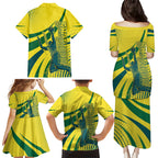 Australian Boomers Basketball Family Matching Puletasi and Hawaiian Shirt Abstract Wave Halftone Pattern With Dynamic Athlete Silhouette