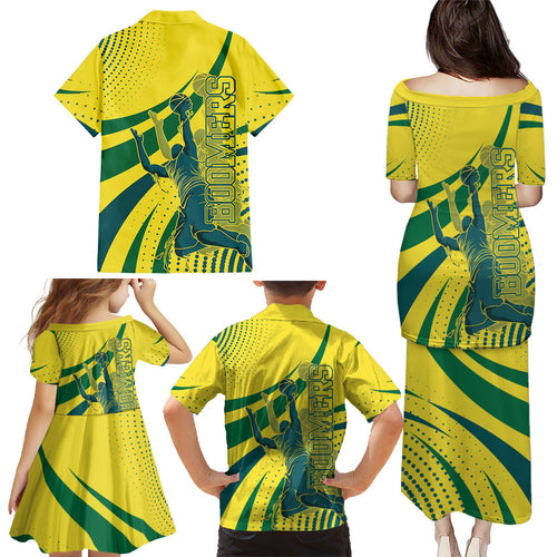 Australian Boomers Basketball Family Matching Puletasi and Hawaiian Shirt Abstract Wave Halftone Pattern With Dynamic Athlete Silhouette