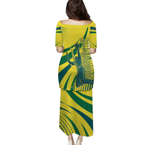 Australian Boomers Basketball Family Matching Puletasi and Hawaiian Shirt Abstract Wave Halftone Pattern With Dynamic Athlete Silhouette
