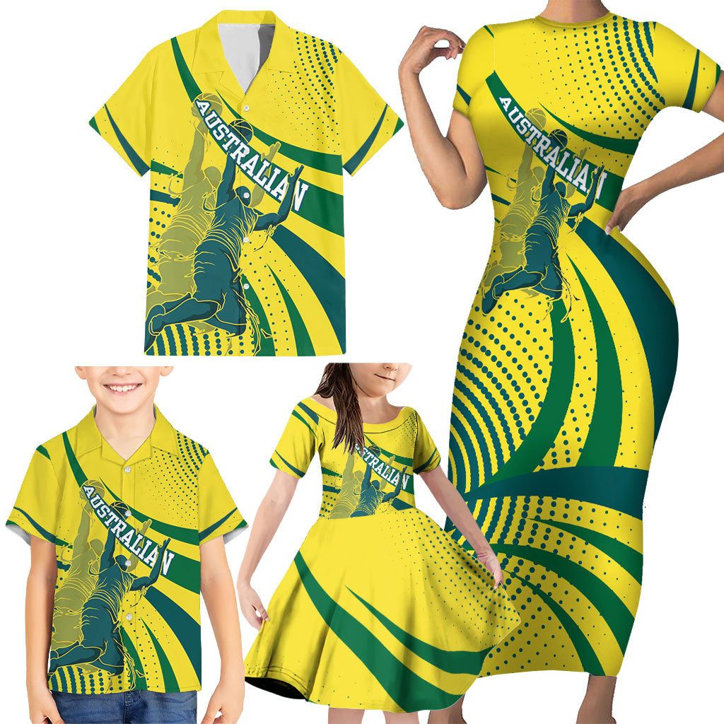 Australian Boomers Basketball Family Matching Short Sleeve Bodycon Dress and Hawaiian Shirt Abstract Wave Halftone Pattern With Dynamic Athlete Silhouette