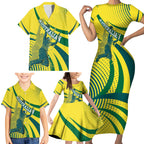 Australian Boomers Basketball Family Matching Short Sleeve Bodycon Dress and Hawaiian Shirt Abstract Wave Halftone Pattern With Dynamic Athlete Silhouette