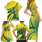 Australian Boomers Basketball Family Matching Short Sleeve Bodycon Dress and Hawaiian Shirt Abstract Wave Halftone Pattern With Dynamic Athlete Silhouette