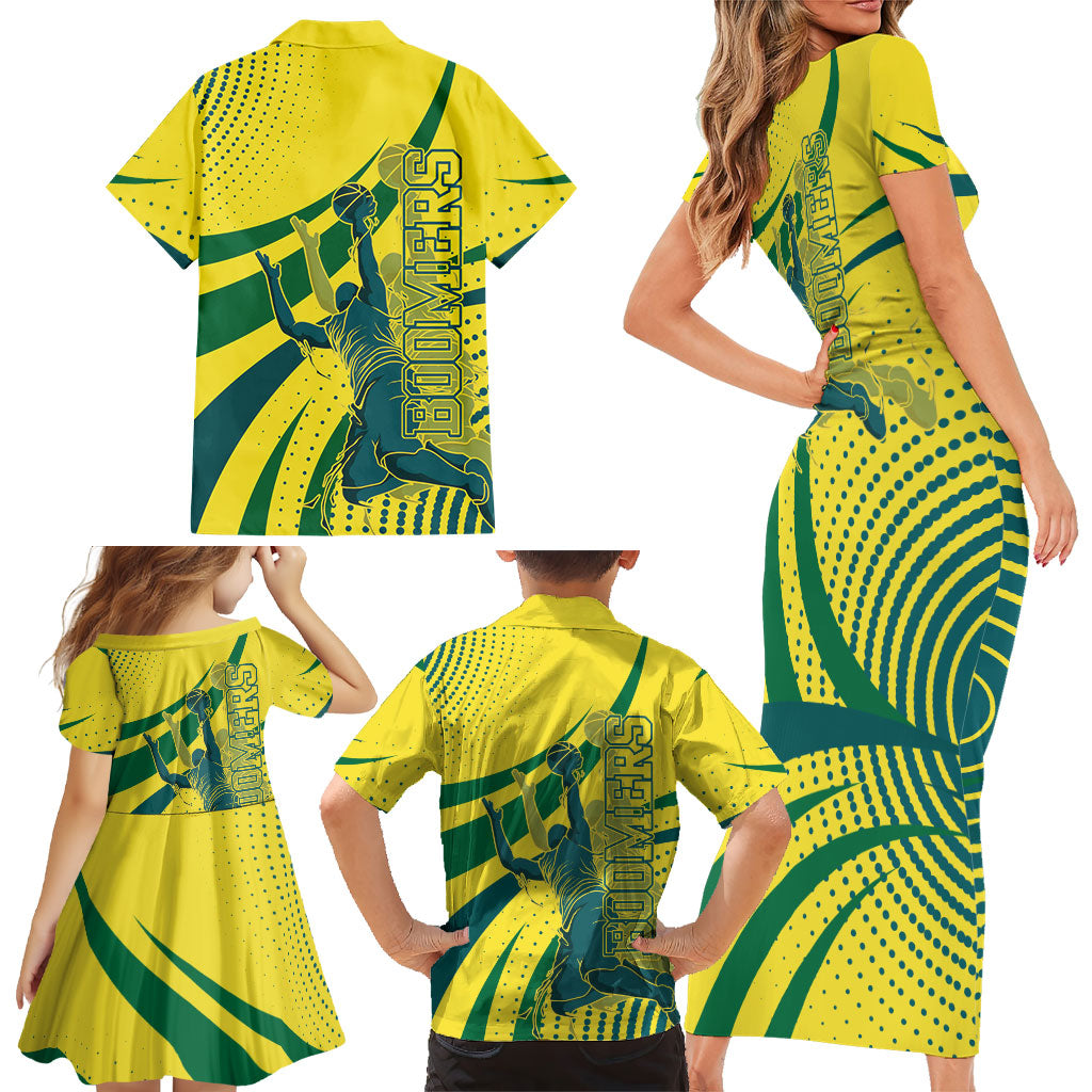 Australian Boomers Basketball Family Matching Short Sleeve Bodycon Dress and Hawaiian Shirt Abstract Wave Halftone Pattern With Dynamic Athlete Silhouette