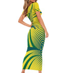 Australian Boomers Basketball Family Matching Short Sleeve Bodycon Dress and Hawaiian Shirt Abstract Wave Halftone Pattern With Dynamic Athlete Silhouette