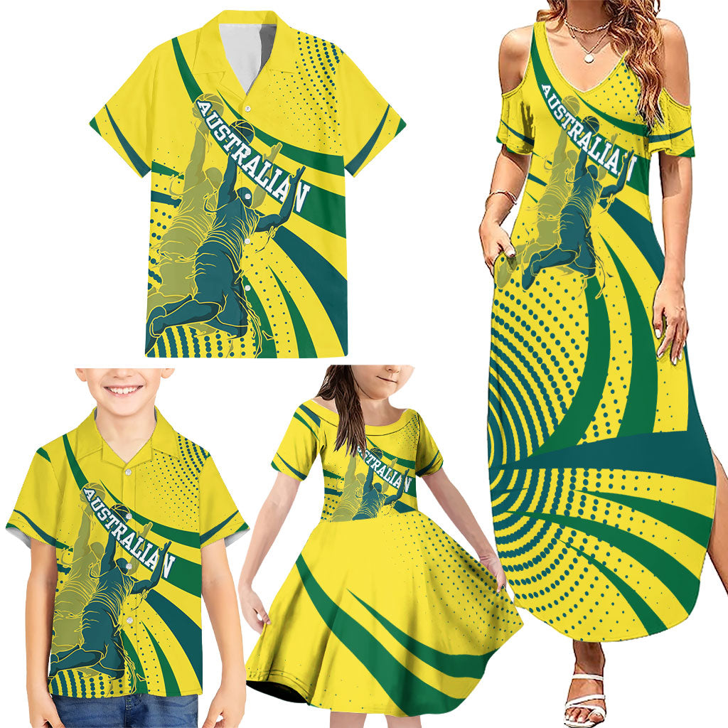 Australian Boomers Basketball Family Matching Summer Maxi Dress and Hawaiian Shirt Abstract Wave Halftone Pattern With Dynamic Athlete Silhouette