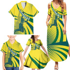Australian Boomers Basketball Family Matching Summer Maxi Dress and Hawaiian Shirt Abstract Wave Halftone Pattern With Dynamic Athlete Silhouette
