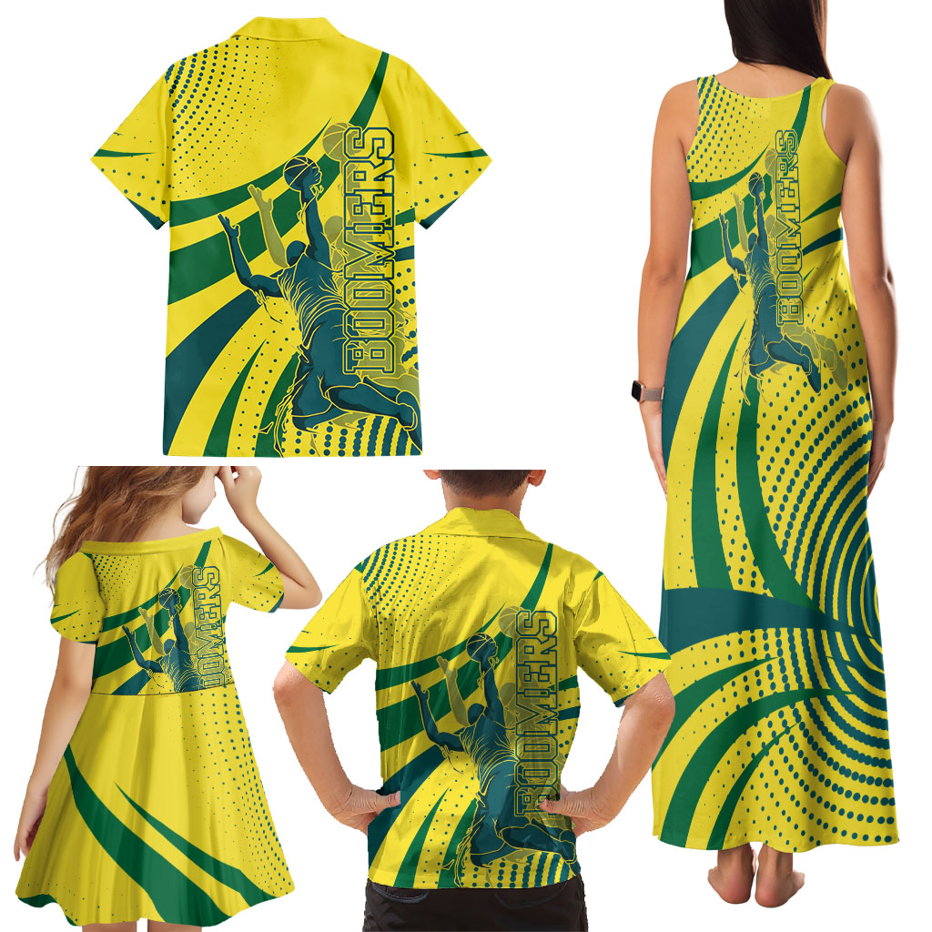 Australian Boomers Basketball Family Matching Tank Maxi Dress and Hawaiian Shirt Abstract Wave Halftone Pattern With Dynamic Athlete Silhouette